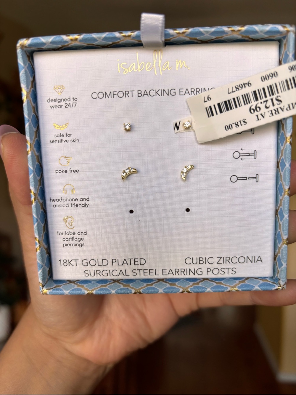 isabella m Gold-Plated Cubic Zirconia Crescent & Stud Earring Trio - Gold